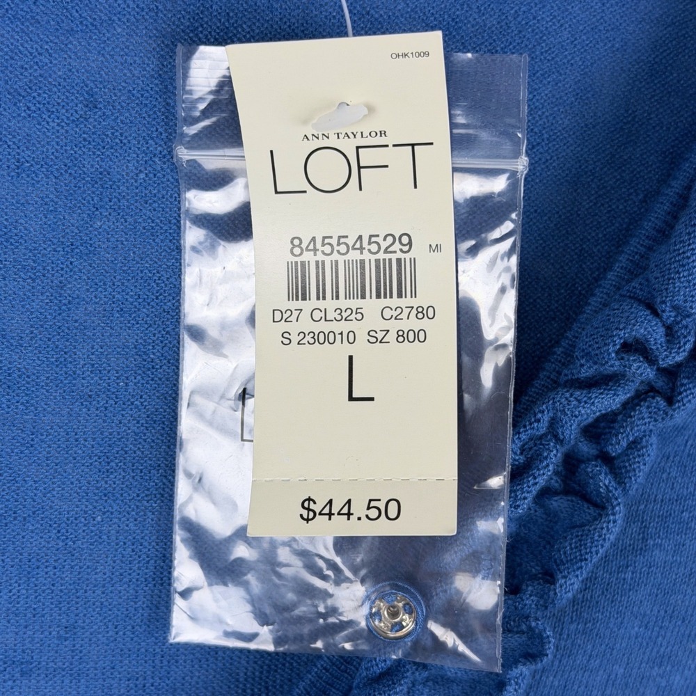 Ann‎ Taylor LOFT Blue Linen Cotton Ruffle Trim 3/4 Sleeve Cardigan Sweater L NEW - Picture 3 of 10